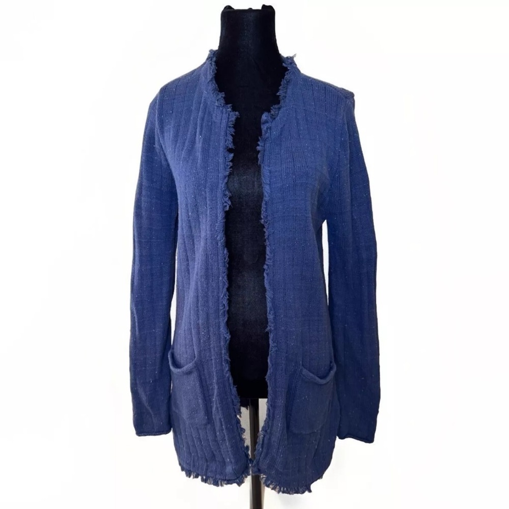 CAbi Sweater Sz M Duchess Long Blue Fringe Cardigan Hippie Y2K 90’s Grunge Boho